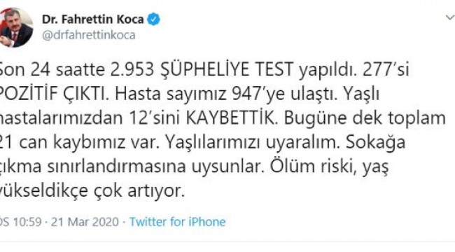 Bakan Koca: 21 can kaybımız var