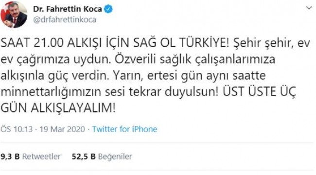 Bakan Koca: Saat 21.00 alkışı için sağ ol Türkiye