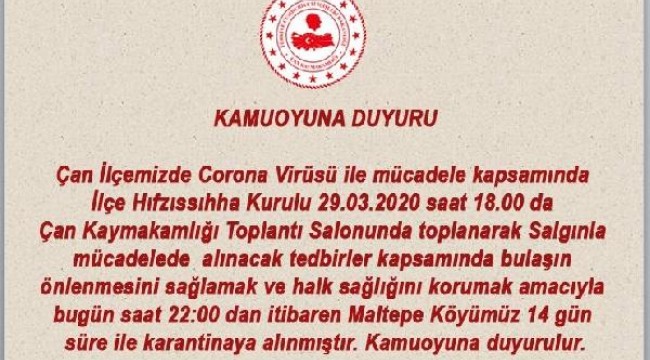 Çanakkale'de bir köye koronavirüs karantinası