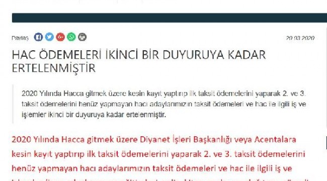 Diyanet, hac işlemlerini ikinci bir duyuruya kadar erteledi