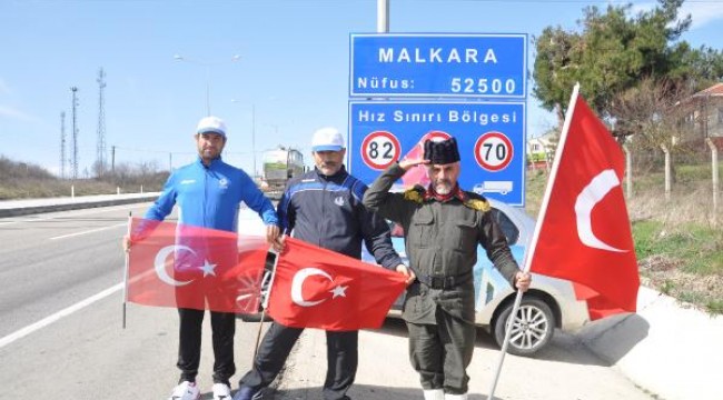 Şehitler için Çanakkale'ye yürüyen gazi torunu, Malkara'ya ulaştı