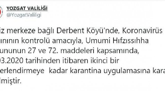 Yozgat'ın Derbent köyünde de koronavirüs karantinası