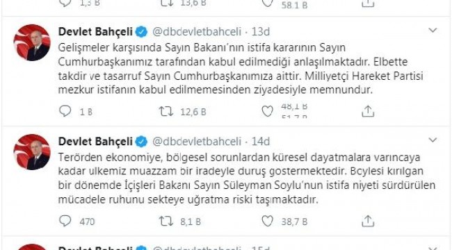 Bahçeli: Milliyetçi Hareket Partisi mezkur istifanın kabul edilmemesinden ziyadesiyle memnundur