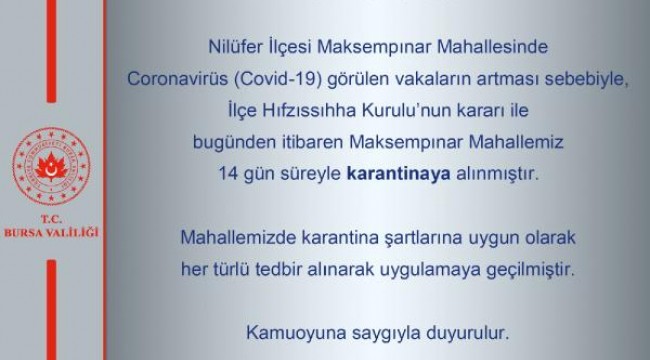 Bursa'da 1 mahalle daha karantinaya alındı