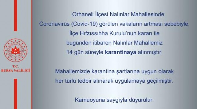 Bursa'da 1 mahalle karantinaya alındı