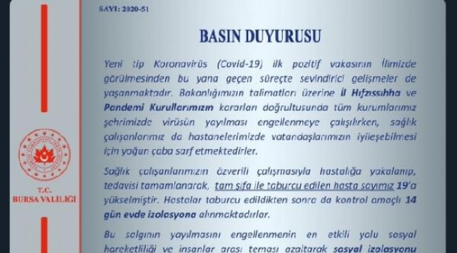 Bursa'da 19 kişi koronavirüsü yendi