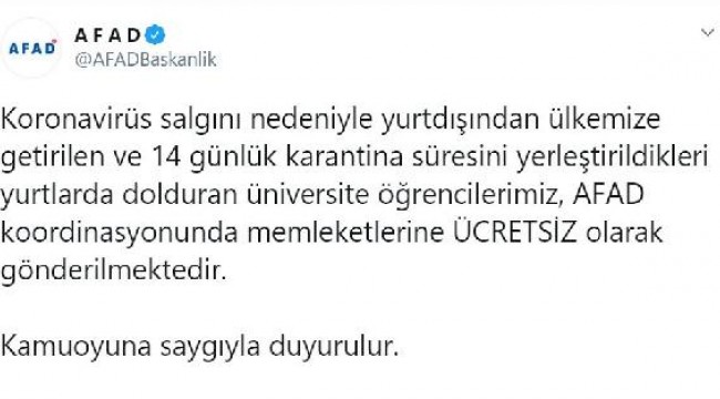 Karantinaya alınan öğrenciler memleketlerine ücretsiz gönderiliyor