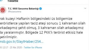 MSB: Irak'ın kuzeyinde 1 asker şehit oldu, 12 PKK'lı etkisiz hale getirildi