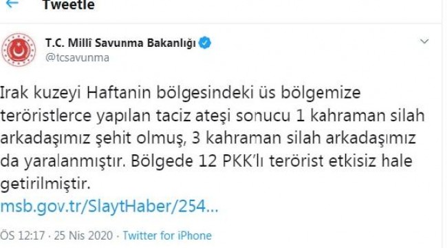 MSB: Irak'ın kuzeyinde 1 asker şehit oldu, 12 PKK'lı etkisiz hale getirildi