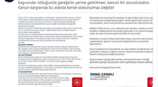 Çataklı: 31 Mart seçimlerinden sonra 427 belediyeye soruşturma yapıldı