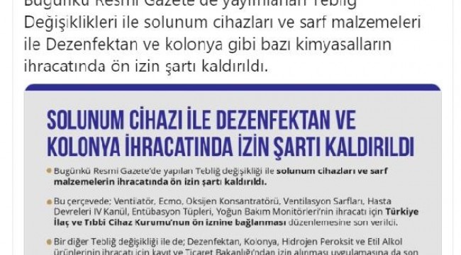 Solunum cihazı, dezenfektan ve kolonya ihracatında izin şartı kalktı