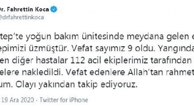 Bakan Koca: Gaziantep'te özel hastanedeki patlamada vefat sayımız 9 oldu