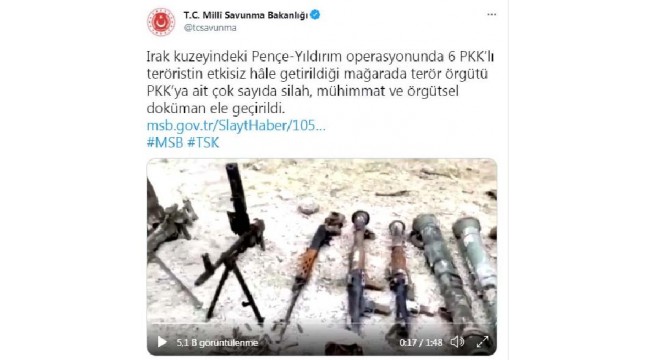 6 PKK'lının etkisiz hale getirildiği mağarada, silah ve mühimmatlar ele geçirildi