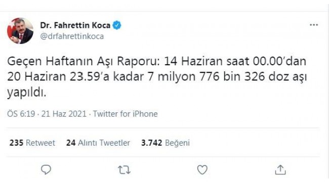 Bakan Koca: Geçen hafta 7 milyon 776 bin 326 doz aşı yapıldı