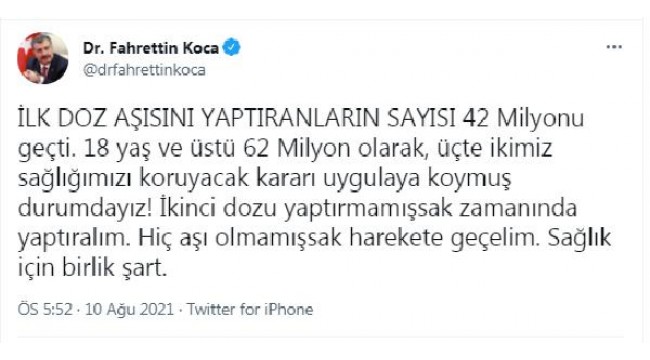 Bakan Koca: 2 doz aşısını yaptıranların sayısı 30 milyona ulaştı