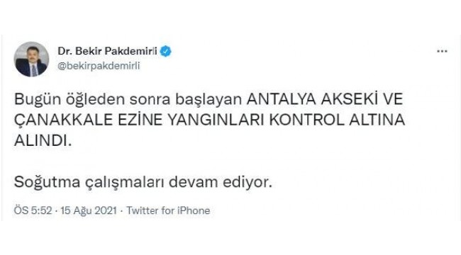 Bakan Pakdemirli: Antalya ve Çanakkale'deki yangınlar kontrol altına alındı