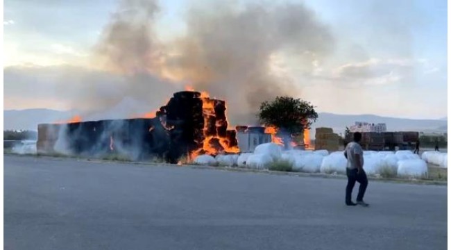 Tonlarca saman balyası ile TIR yangında küle döndü